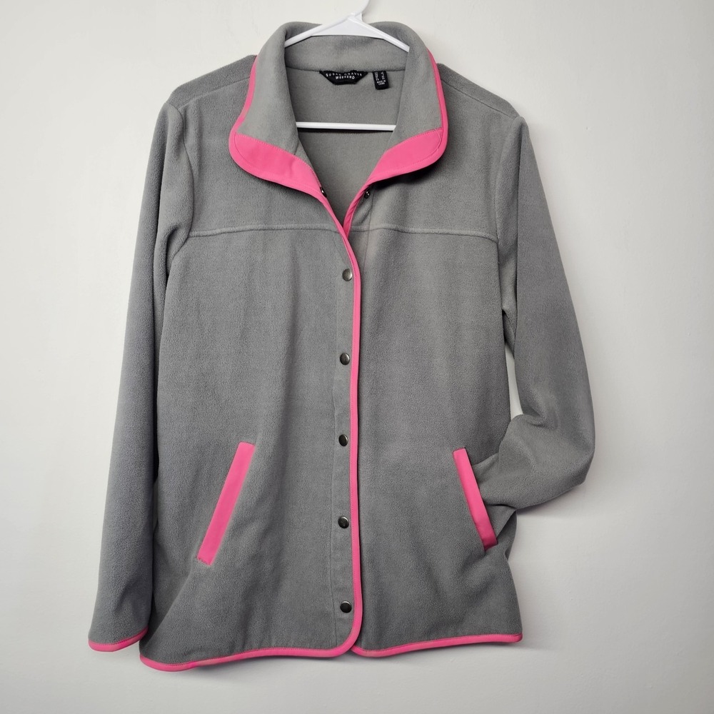 Susan Graver Weekend Large Polar Fleece Snap Jacket Gray Pink Trim w Pockets